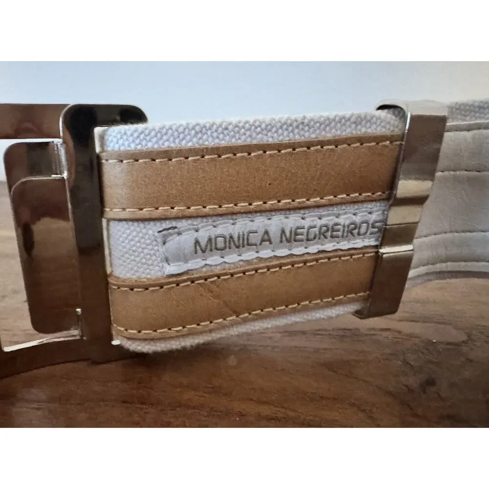 MONICA NEGREIROS Wide Belt White Canvas Tan Leather Silver Double Prong